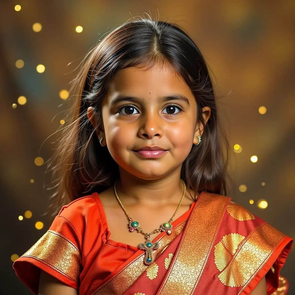 AI generated girl portrait in silk lehenga with floating warm lights