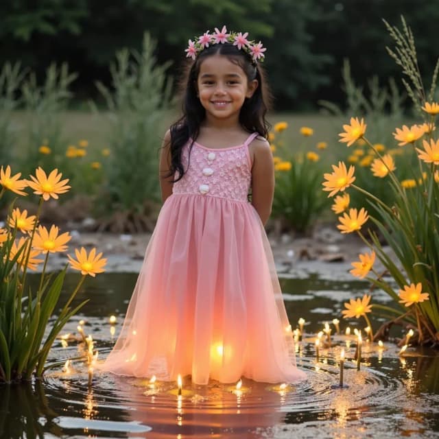 Girl with magical flowers glowing around, AI generated