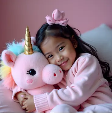 Portrait of girl snuggling a fluffy unicorn plush, AI-generated
