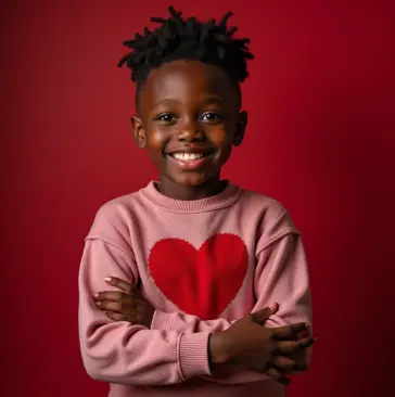 Boy wearing heart-themed sweater, AI generated