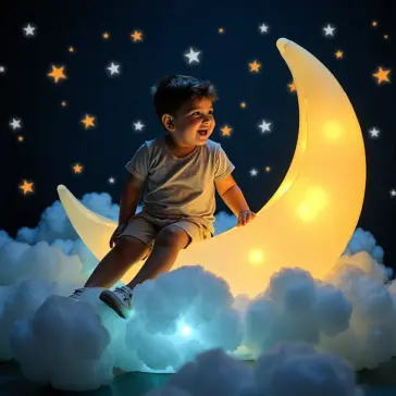 Smiling boy on floating moon, AI-generated