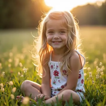 Smilimg girl sitting in meadow, AI genrated