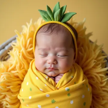 AI-generated child dressed in a pineapple-themed swaddle