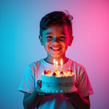 AI-generated portrait of a boy holding a tiny birthday cake