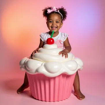 AI-generated portrait of a girl sitting on a giant cupcake prop